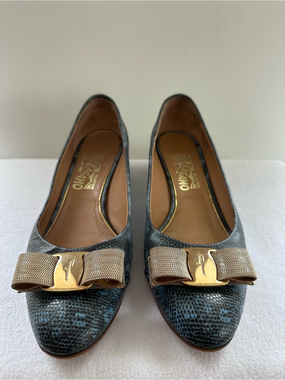 Salvatore Ferragamo Blue Snakeskin Vara Bow Flats with Gold Hardware
